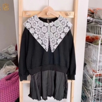 Niuduoduo spring and autumn childrens lace crochet doll collar pleated stitching long-sleeved dress for children 27758