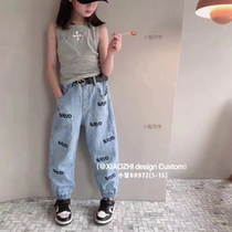 Little classmate 2022 spring and autumn style Korean version of childrens middle and big childrens foreign style soft bomb full printed letter jeans 88972