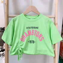 Childrens summer clothes new girls middle and big childrens foreign style letter printing left side drawstring small high waist short-sleeved T-shirt 92128