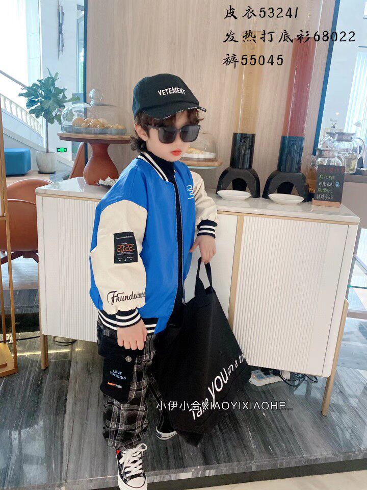 Brand winter children's middle and big children's foreign style baseball uniform plus velvet warm pu leather jacket bear coat 53241