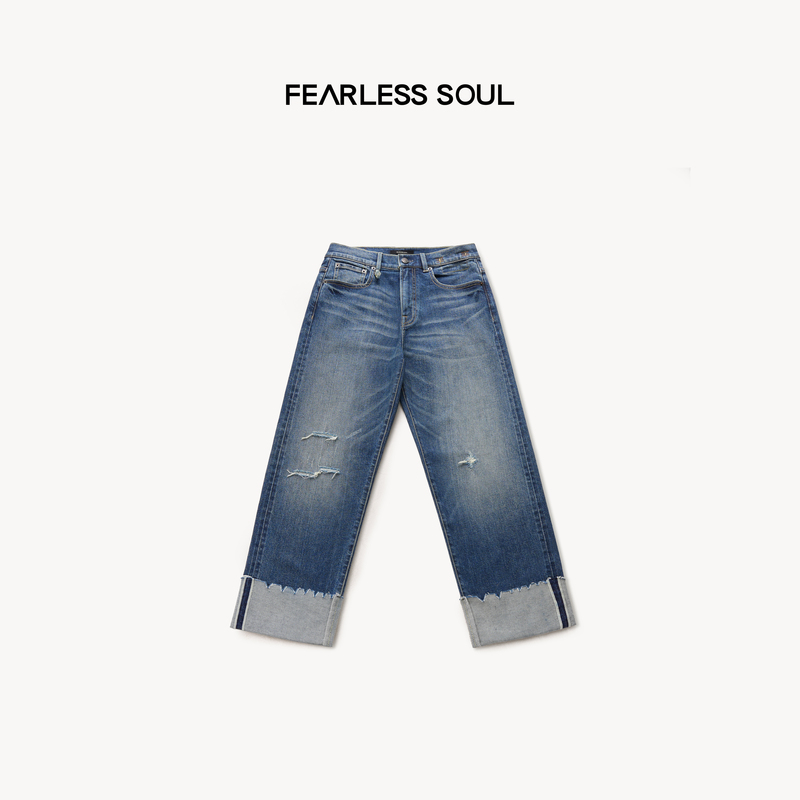 Taffa Tang Fa Fa Early Autumn New Gradient Faded Casual Retro Distressed Versatile Dog-Bite Cuffed Jeans for Women Taffa Tang Fa Fa Early Autumn New Gradient Faded Casual Retro Distressed Versatile Dog-Bite Cuffed Jeans for Women