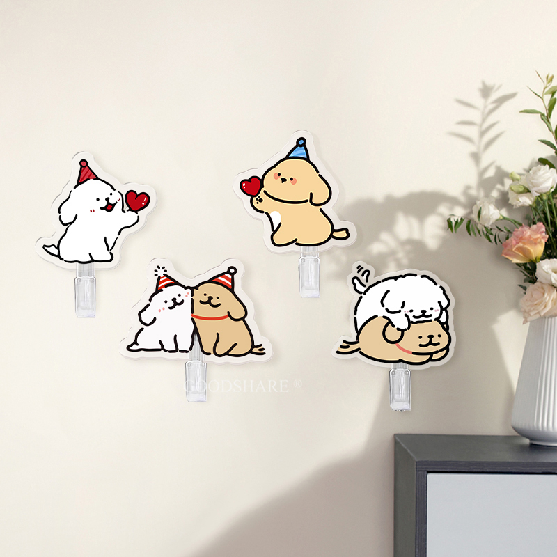 No-Drill Hooks with Strong Adhesive, Cute Cartoon Line Drawing of a Puppy, Traceless Adhesive Hooks for Kitchen Doors, Bathroom Clothes Hooks