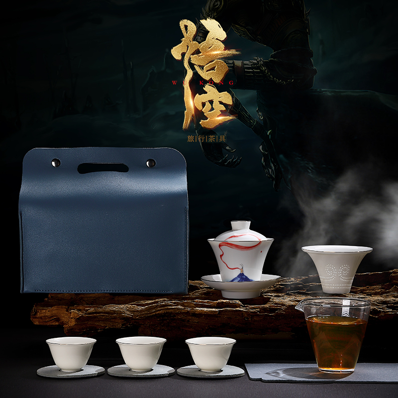 one thousand Letters Goat Grease Jade White Porcelain Travel Tea Set Group Express Guest Cup One Pot Three Cups Support Custom LOGO Business Gift