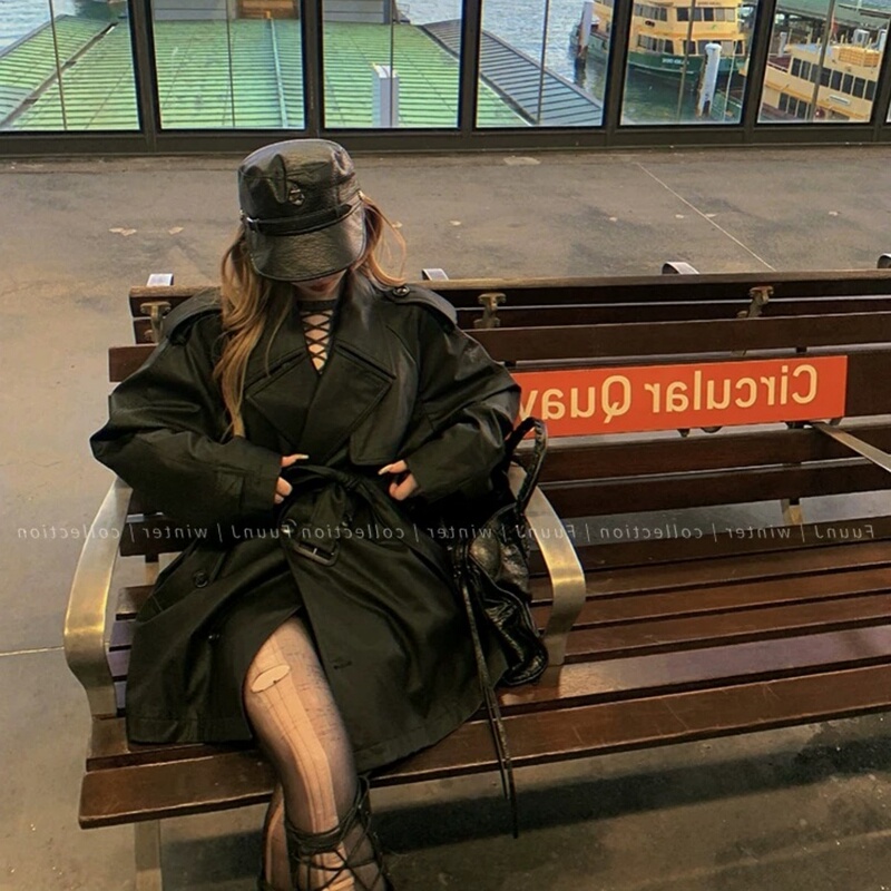 Black Leather Jacket for Women, Autumn 2026, Waist-Cinched with Belt, Mid-Length Vintage Biker Style Pu Jacket Trench Coat