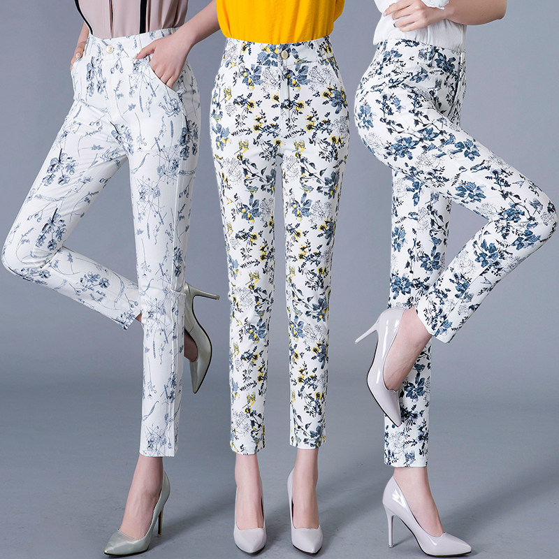 2020 Summer THIN LADY FLOWERS PANTS NEW OUTWEAR SMOKE PIPE PANTS CASUAL PANTS 9 POINTS MIDDLE AGED MOTHER 90% PANTS