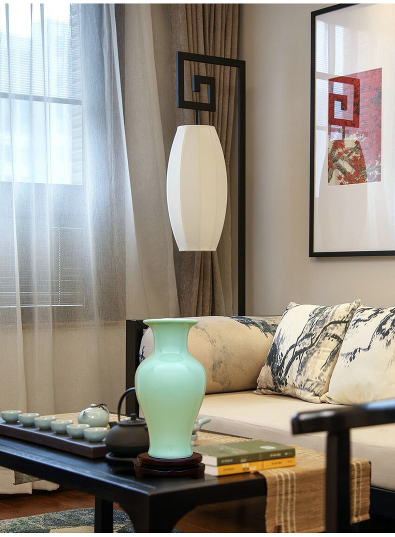 Jingdezhen ceramic vases, pea green shadow celadon glaze furnishing articles flower arranging, rich ancient frame curio cabinet cabinet sitting room adornment