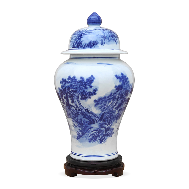 Jingdezhen ceramics general blue and white porcelain jar of blue and white landscape pattern adornment that occupy the home furnishing articles storage tank in the living room