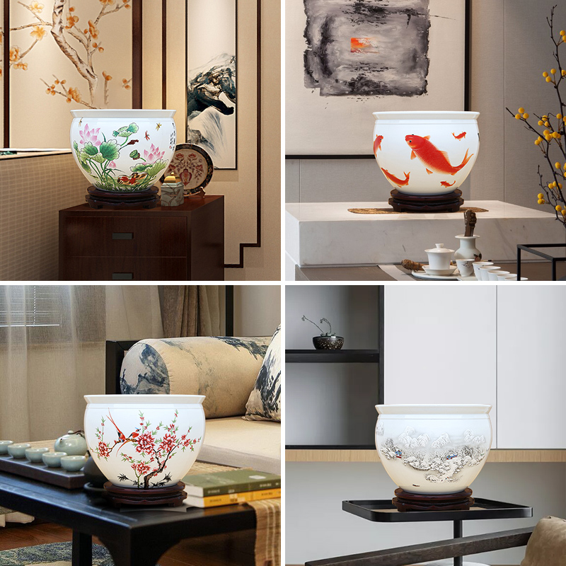 Jingdezhen ceramic furnishing articles hydroponic plant flower implement sitting room aquarium bowl lotus lotus lotus cylinder household decoration