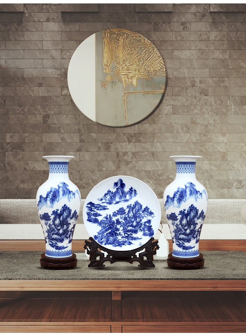 Jingdezhen blue and white porcelain vase three - piece ceramic furnishing articles sitting room TV ark of the sitting room porch handicraft ornament