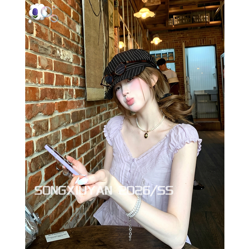 Song Xiuyan Seniors Girly Style Purple V-Neck Lace Patchwork Shirt with Age-Reducing Ruffles and Small Flying Sleeves