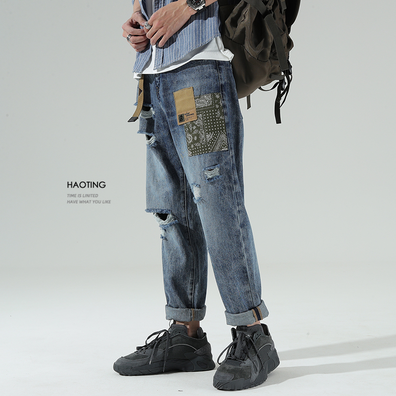 Summer Break Hole Jeans Male Loose Straight Drum Cloth Stickup Beggar Pants Tide Cards For Minor Feet Casual 90% Pants Thin