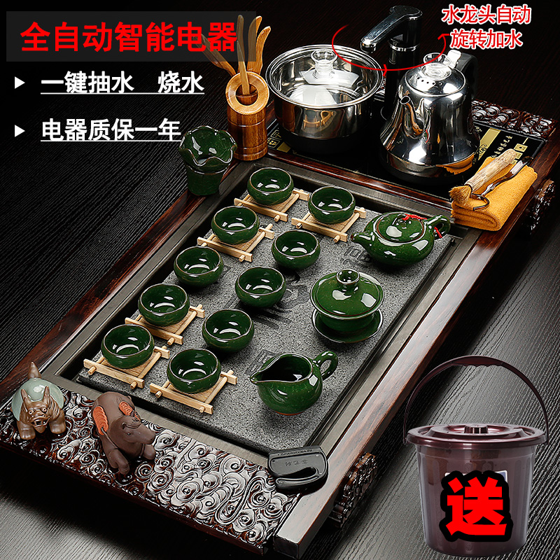 Back on tea set purple sand pottery and porcelain of a complete set of ice to crack kung fu tea set four unity electric magnetic furnace solid wood tea tray