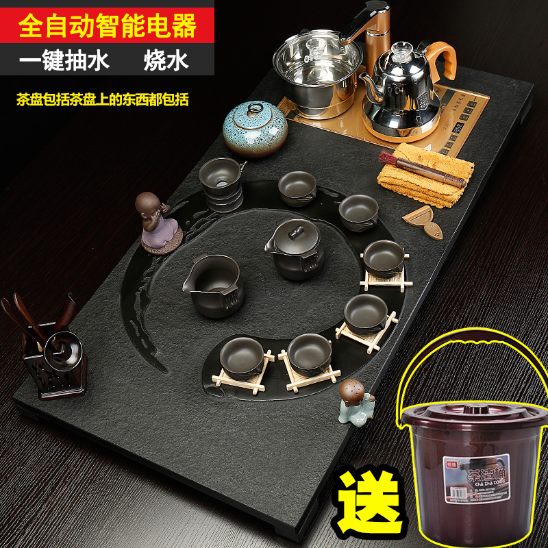 Back on a complete set of kung fu tea set suit household sharply stone solid wood tea tray was purple ceramic contracted tea tea taking