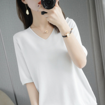 100% pure cotton V collar knit short sleeve t-shirt woman 2021 Summer new loose minimalist short sleeve head half sleeve thin