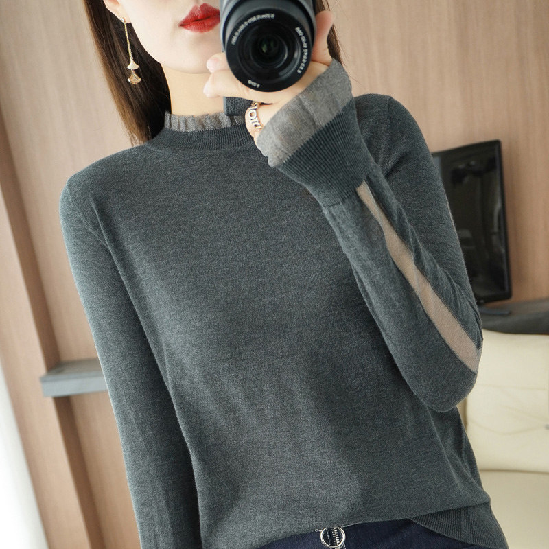 Lace thin Finely Spun Wool Jersey Woman 2022 Spring new half-high round neckline headsweaters knitted sweater