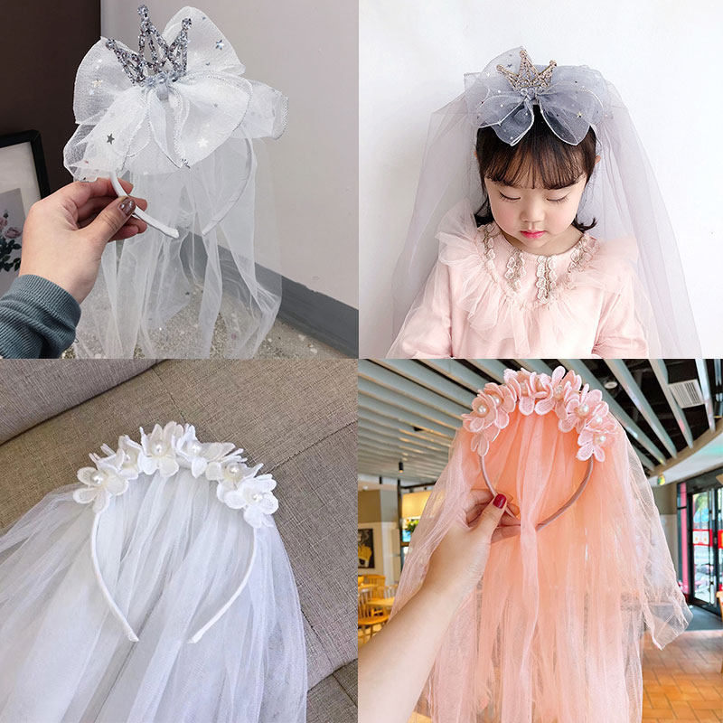 ins head yarn crown white little girl hair adorned butterfly knot wedding dress photo prop baby birthday child hair stirrup