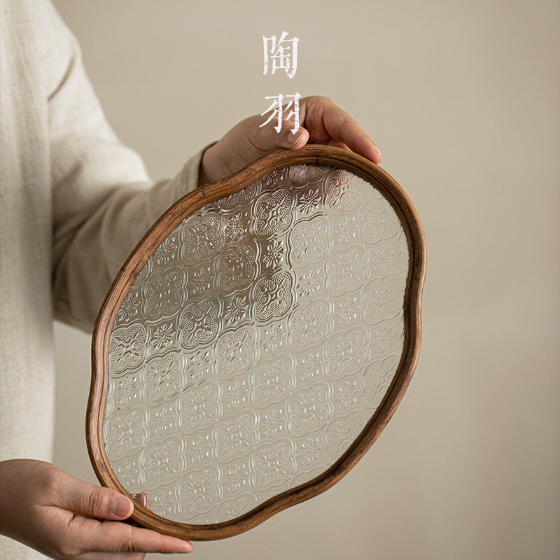 Hetang Flower Glass Tea Tray Retro Bamboo Tea Tray Tea Tray Tea Set Brief Home Tea Room Fruit Refreshment Pan Containing Pan-Taobao
