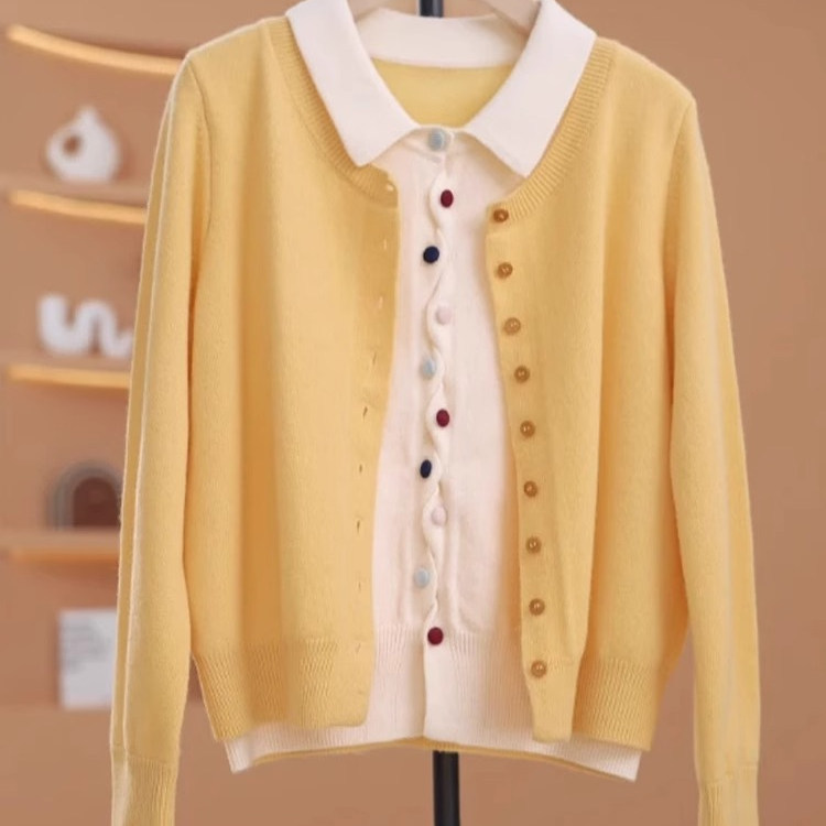 Fake Two-Piece Knitted Cardigan for Women, Yellow Button Sweater, Spring, Autumn, Winter 2026 New Korean Style Loose Lapel Top Fake Two-Piece Knitted Cardigan for Women, Yellow Button Sweater, Spring, Autumn, Winter 2026 New Korean Style Loose Lapel Top