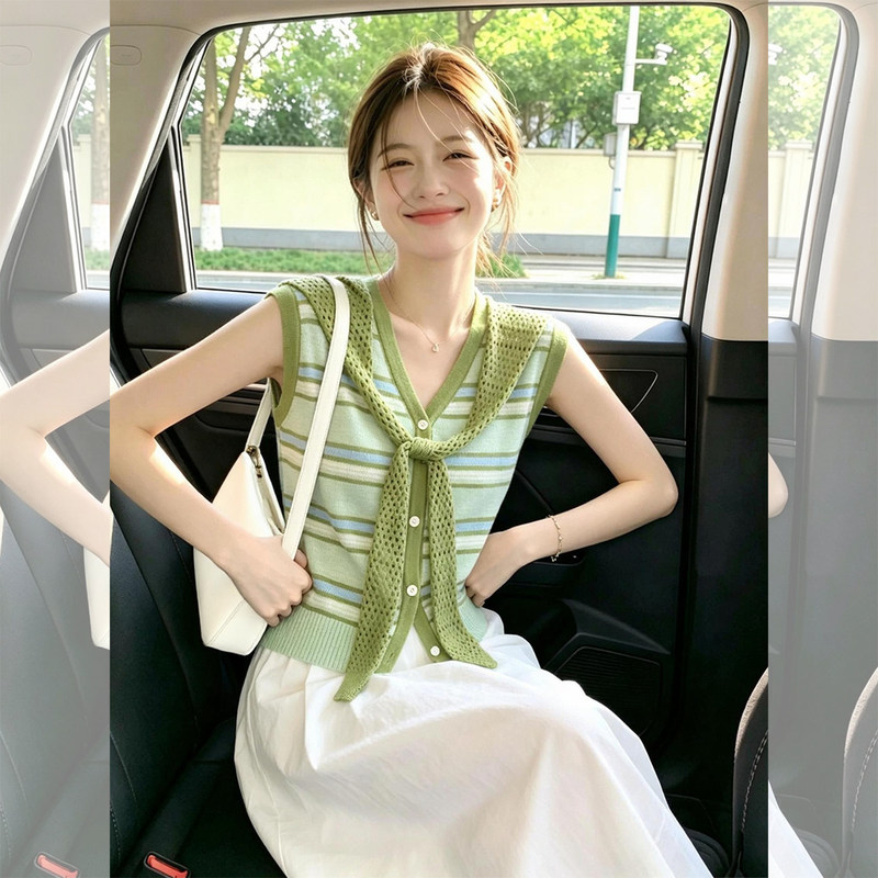 Dopamine Shawl Green Striped Knitted Pullover Women's Summer Outerwear Slim Fit Versatile Slimming Sleeveless Vest Top Dopamine Shawl Green Striped Knitted Pullover Women's Summer Outerwear Slim Fit Versatile Slimming Sleeveless Vest Top