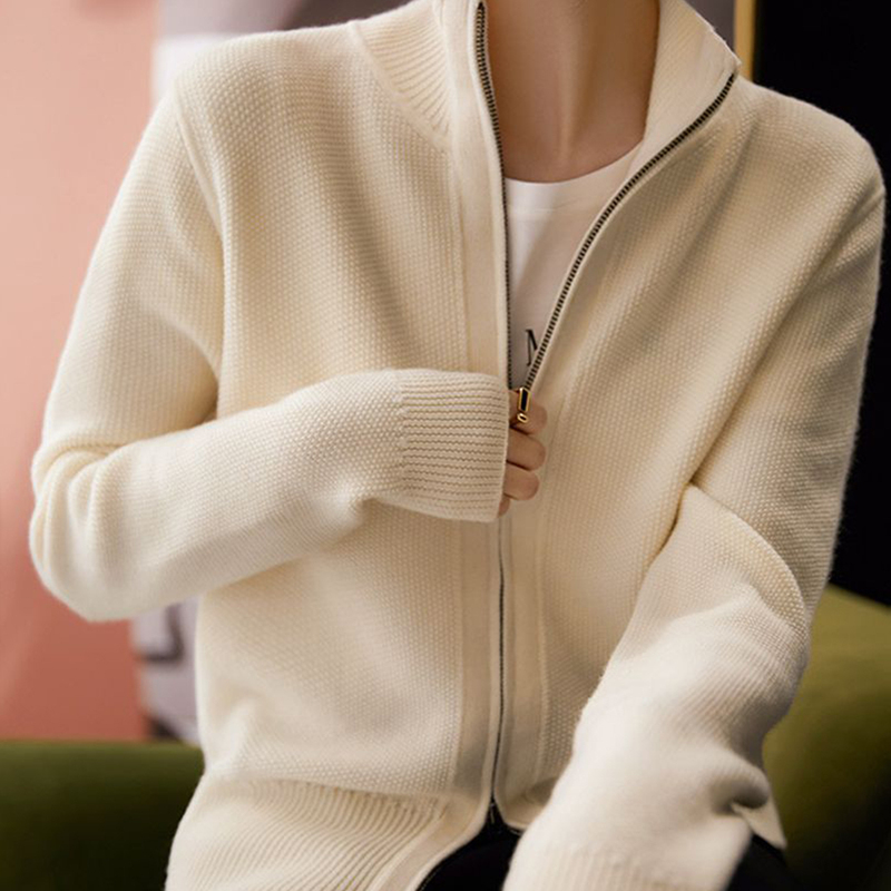 Double Zipper Lapel Knitted Cardigan Sweatshirt for Women, Autumn and Winter Sweater, Solid Color Versatile Long-Sleeve Jacket, Loose-Fitting Base Top