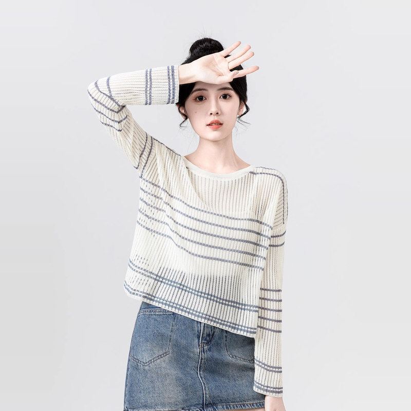 Color-Blocked Striped Loose Sun-Protective Knitted Cover-Up for Women, Summer 2026 New Style, Paired with Camisole Two-Piece Set, Short Top Color-Blocked Striped Loose Sun-Protective Knitted Cover-Up for Women, Summer 2026 New Style, Paired with Camisole Two-Piece Set, Short Top