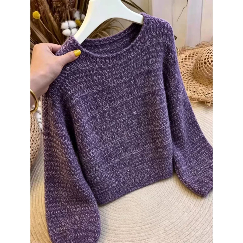 Elegant Purple Round-Neck Pullover Sweater for Women, Loose Fit, Slimming, Soft and Versatile, Long-Sleeved, Plus-Size Pullover Knitwear Elegant Purple Round-Neck Pullover Sweater for Women, Loose Fit, Slimming, Soft and Versatile, Long-Sleeved, Plus-Size Pullover Knitwear