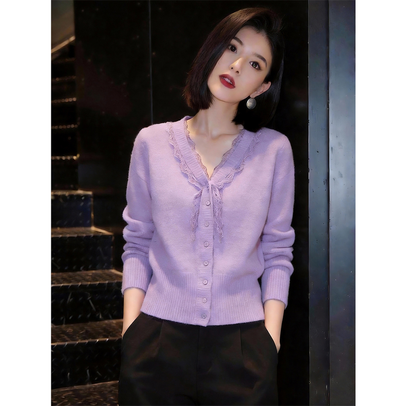 2026 Autumn New Purple Knitted Cardigan for Women, High-End Fashionable New Chinese Style Lace Tie Sweet Top