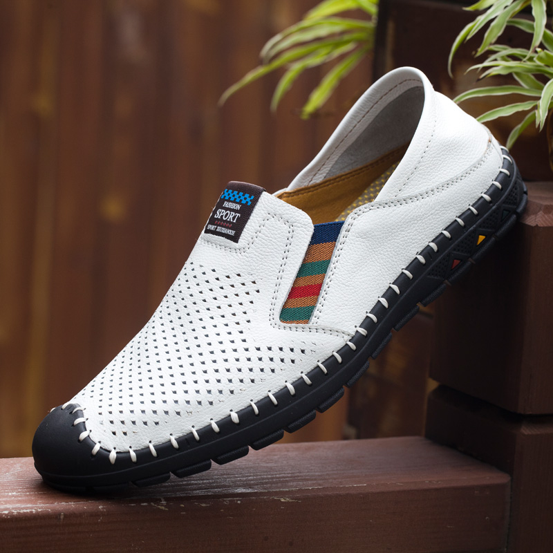 Leather shoes men's summer breathable genuine leather one foot pedal hollowed-out soft bottom soft leather sloth shoes white thin and casual leather sandals