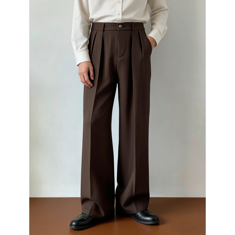 Yinkkssen American Retro Coffee-Colored Wide-Leg Dress Pants for Men, Drapey, Slimming, Loose Straight-Leg Casual Trendy Brand Trousers