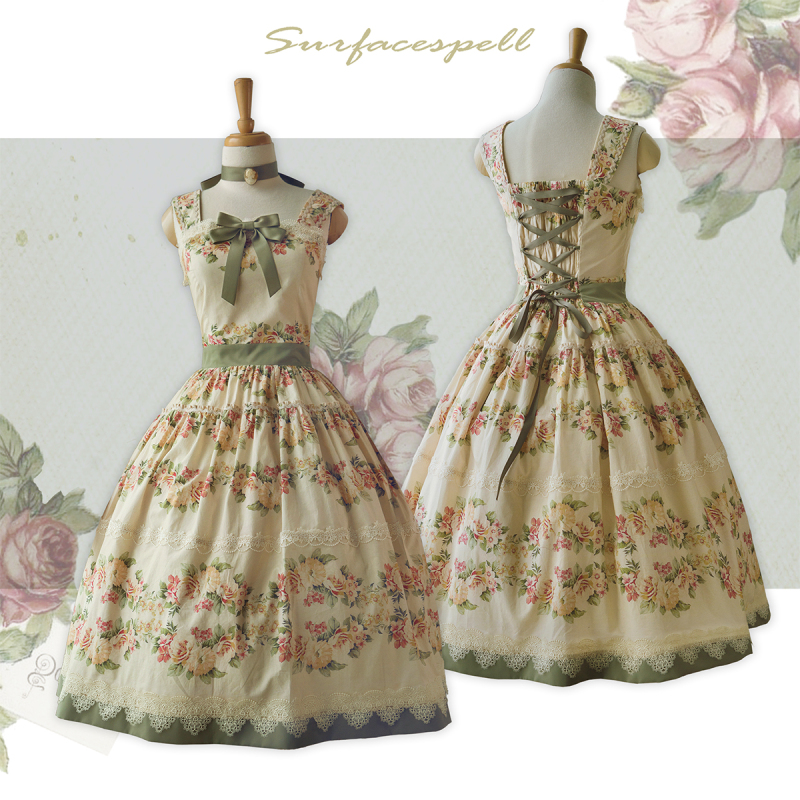 The Corridor in Bloom with Roses*Wide Shoulder Straps Classical Floral Wall Jsk Dress*Surface Spell Lolita26 Reissue The Corridor in Bloom with Roses*Wide Shoulder Straps Classical Floral Wall Jsk Dress*Surface Spell Lolita26 Reissue