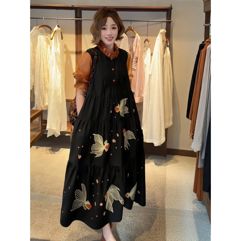 Yolo Yolou·Jinyuji New Chinese Style Autumn Wool Blend Original Handmade 3D Embroidered Koi Fish Vest Dress