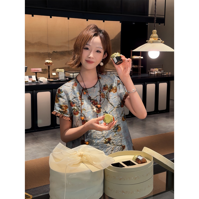 Yolo Youlu Sweet Persimmon 2026 Summer Lyocell Linen Original Yarn-Dyed Shimmering Brocade Persimmon Ruyi Short Sleeve