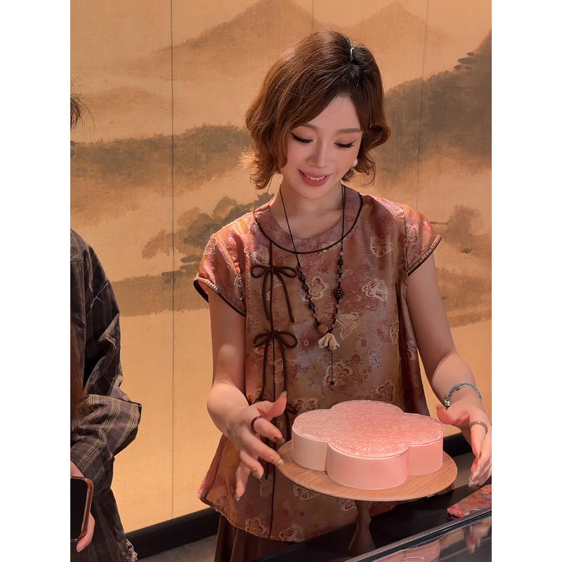 Yolo Youlu•Dielian•New Chinese Style Summer Mulberry Silk 17 Mother-Of-Pearl Silk Original Three-Dimensional Burnt Flower A-Line Short Sleeve