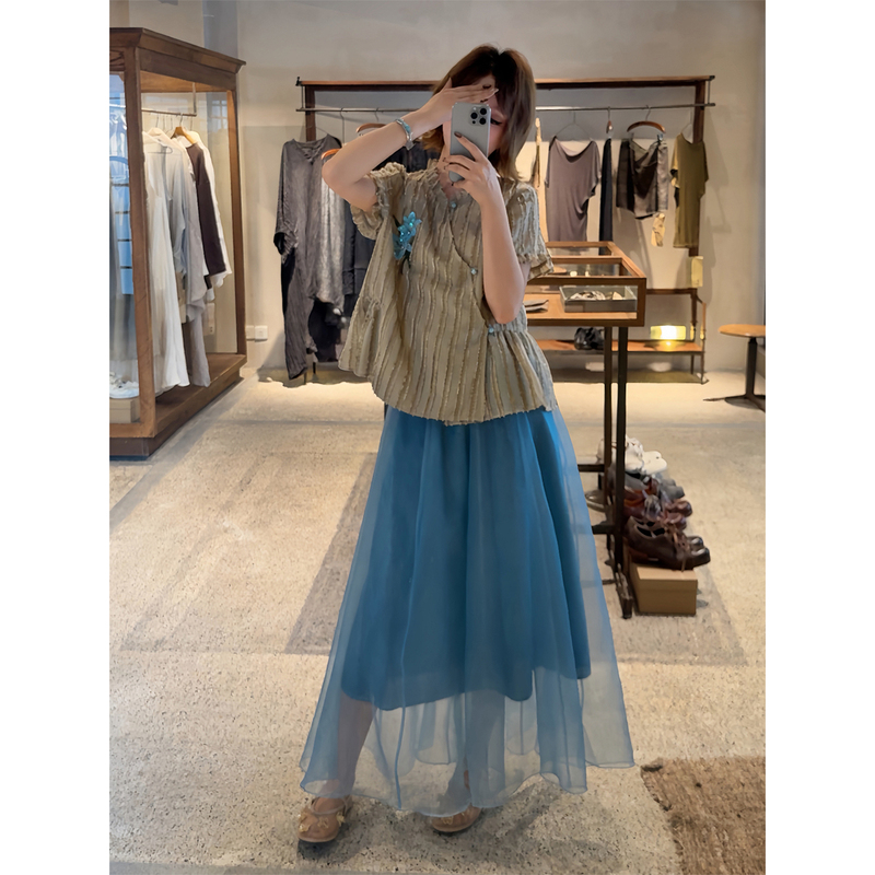 Yolo Youlu Fengfei New Chinese Style Summer Color-Blocked Yilingsha Original Layered Color-Blocked Flared Floral Skirt