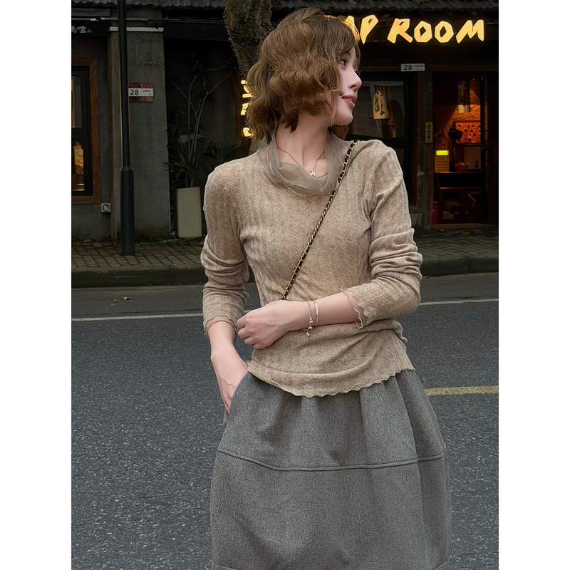 Yolo Yolu·Mengsha·New Chinese Style Autumn and Winter Water-Soluble Sheep Wool Ultra-Fine Soft Mesh Splicing Stand Collar Base Layer