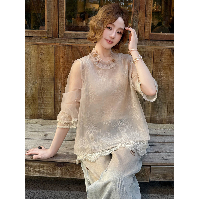 Yolo Yolu·Wuying New Chinese Style Autumn Soft Smoke Veil Original Color Silk Handmade Beaded Eyelash Lace Layered Top