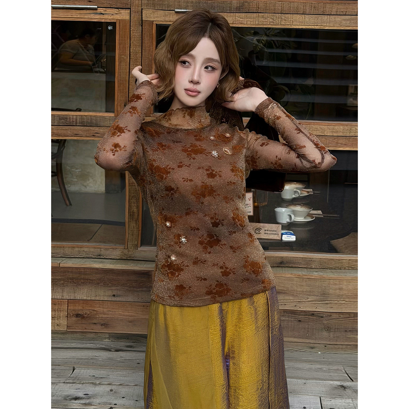 Yolo Yolu Cloud Flower New Chinese Style Autumn Original Beaded Jacquard Handmade Stretch Layered Long Sleeve Base Shirt for Women