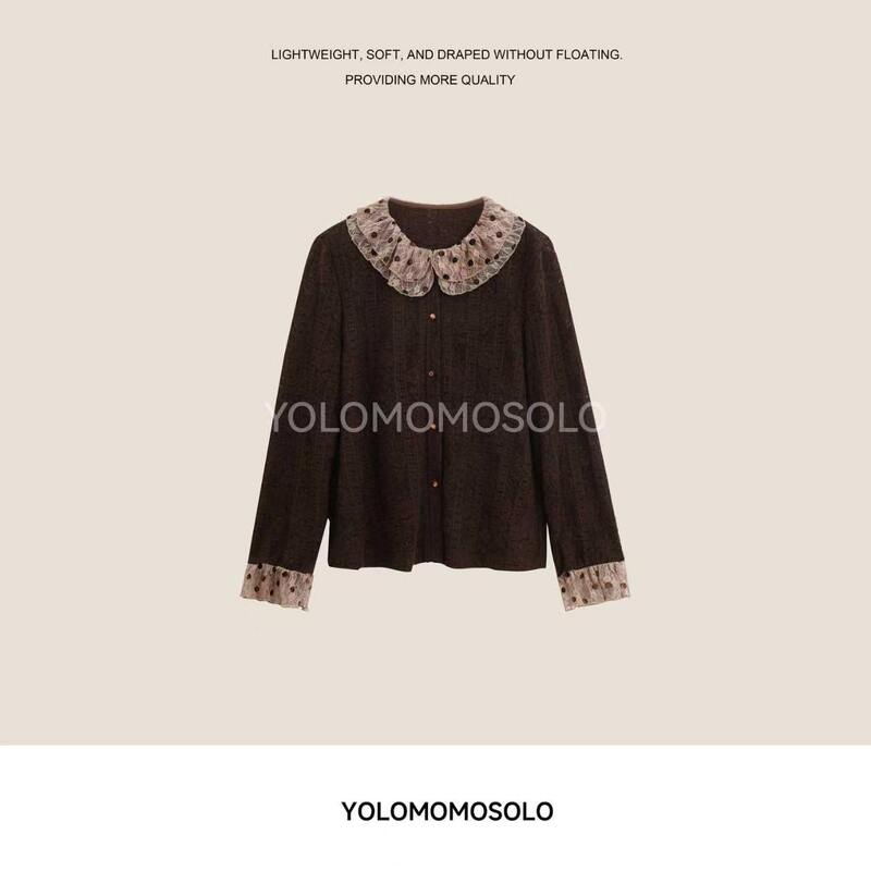 Yolo Yolu•Chongchong•New Chinese Style Autumn Eyelash Lace Brushed Velvet Window Flower Color-Blocked Polka Dot Shirt