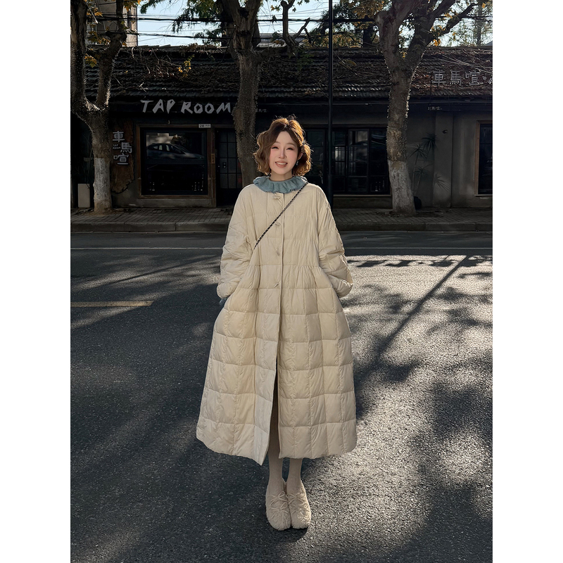 Yolo Yolu Rongfu New Chinese Style Winter 90% White Duck down Quilted Puffer Waist-Tightening Loose Long down Jacket