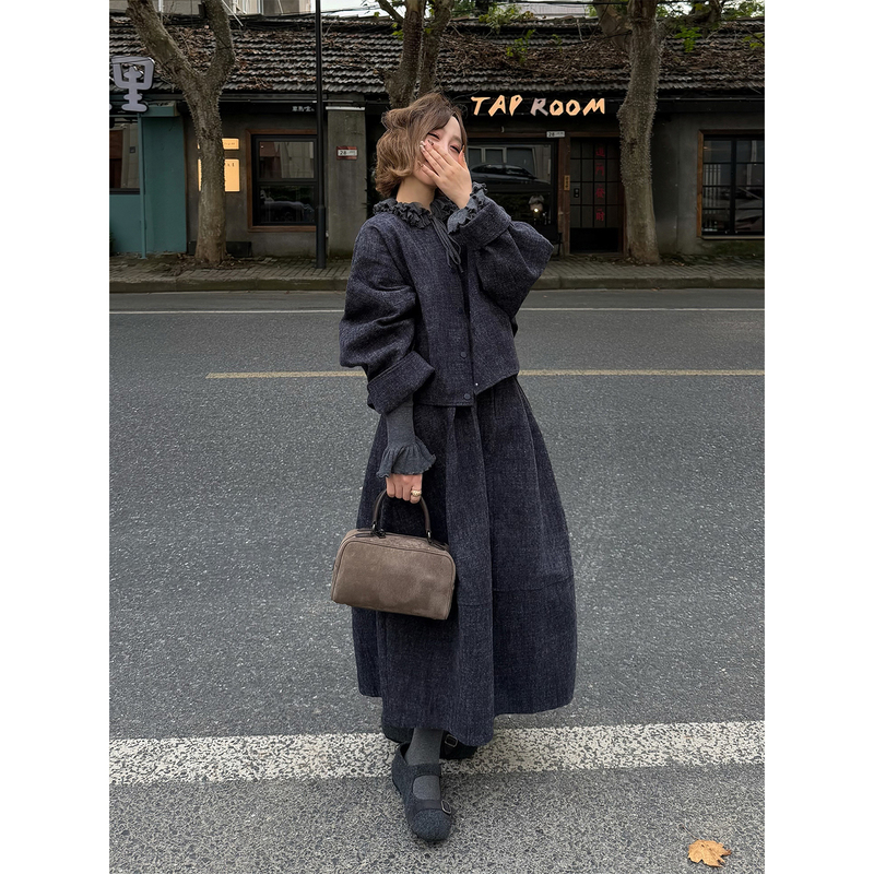 Yolo Youlu·Nanke·New Chinese Style Denim Raw Denim Fleece-Lined Oversized Jacket and Floral Nine-Point Skirt Set