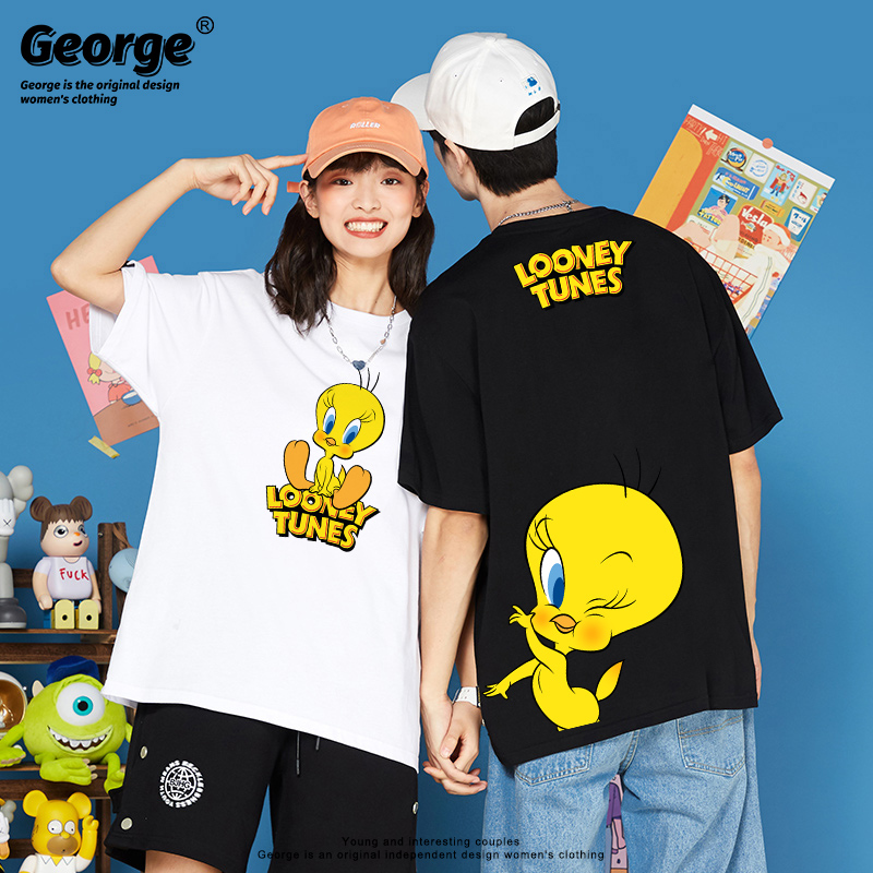 Soft and Cute American Retro Short-Sleeve T-Shirt with Bird Wink Design, Couple Outfit, Loose Casual Half-Sleeve Summer Cartoon Style for Men and Women