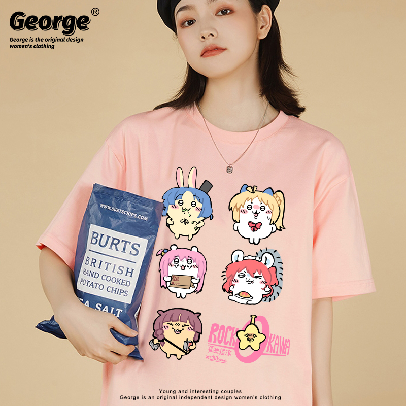 Chiikawa Lonely Rock Collaboration Merchandise Short Sleeve T-Shirt, Chiikawa Goto Hand-Drawn Cotton T-Shirt, Loose Fit Summer Trend
