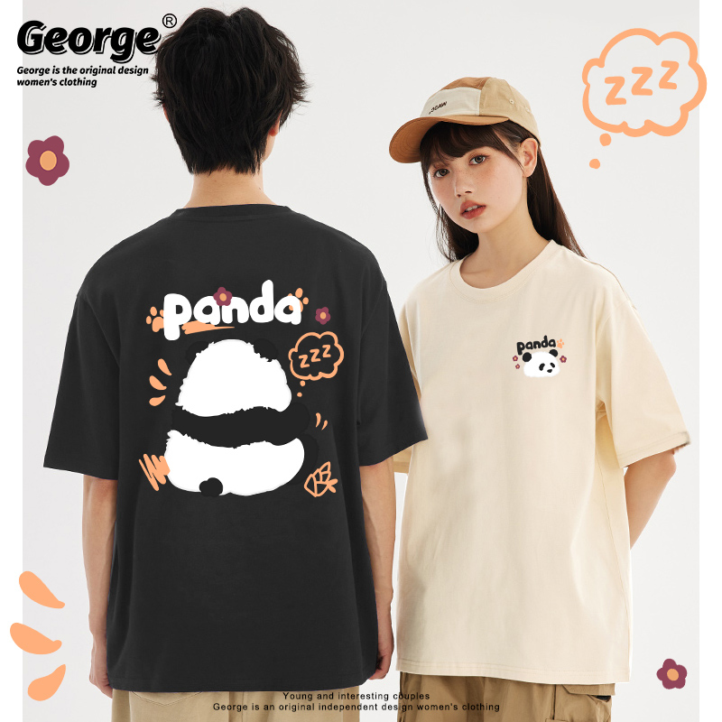 Panda T-Shirt Sleepwear Zzz Couple Outfit Chinese Style Cartoon Short-Sleeve Unisex New Summer Loose Casual Half-Sleeve