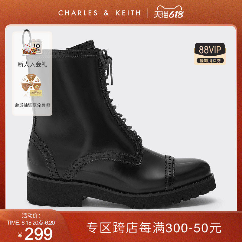 CHARLES & KEITH FALL/WINTER2021 NEW CK1-90580123 WOMEN'S EMBOSED LACETED MID-HEEL MARTIN BOOTS