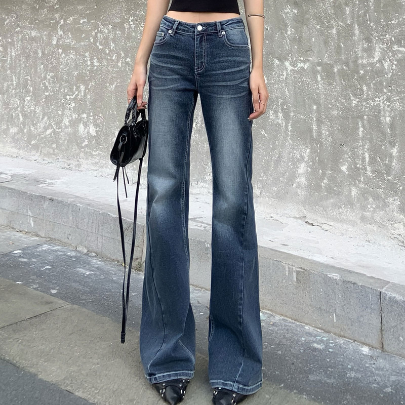 Tprichs American Retro Slim Fit Flared Jeans for Women, Low-Waisted, Washed, Slimming, Bell-Bottom, Floor-Length Pants Tprichs American Retro Slim Fit Flared Jeans for Women, Low-Waisted, Washed, Slimming, Bell-Bottom, Floor-Length Pants