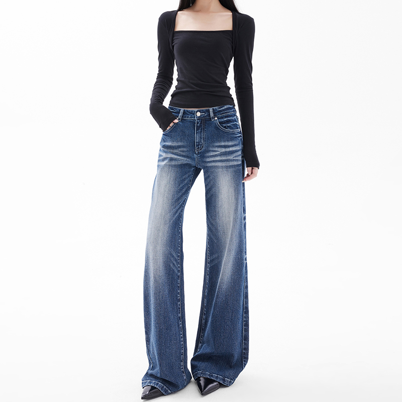 Tprichs American Retro Flared Wide-Leg Jeans for Women, Washed Light Blue, Loose Fit, Slimming Straight-Leg Floor-Length Pants Tprichs American Retro Flared Wide-Leg Jeans for Women, Washed Light Blue, Loose Fit, Slimming Straight-Leg Floor-Length Pants