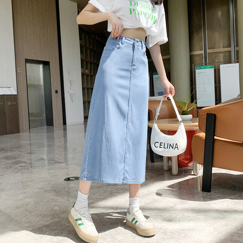 Tencel light blue retro back split skirt women's summer 2022 new high-waisted slim A-word mid-length version