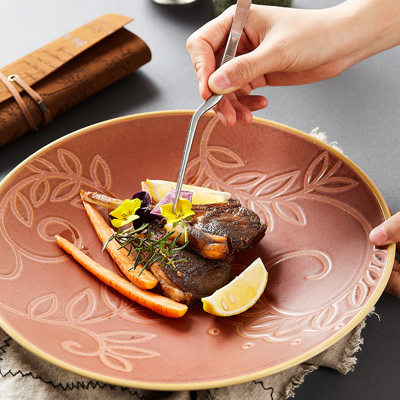 Nordic ceramic tableware dish dish dish home relief plate beefsteak dish creative breakfast all the restoring ancient ways