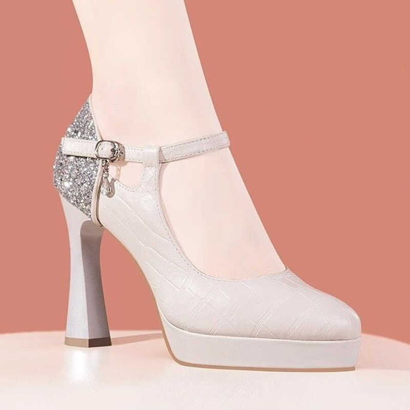 First-Layer Cowhide New Waterproof Platform Shoes with Cheongsam, Comfortable Thick-Soled Buckle Leather Shoes, Rhinestone Chunky Heel High Heels for Women