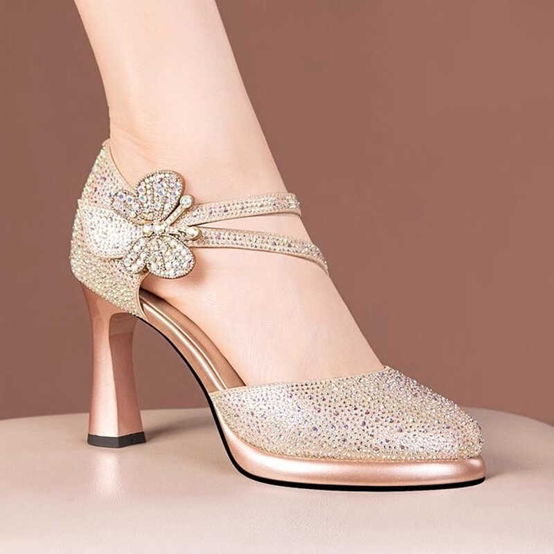 Rhinestone-Covered Platform High-Heeled Sandals for Women, Chunky Heel, Round Toe, New Summer Style, Fully Rhinestone-Encrusted, Suitable for Pairing with Cheongsam, Closed-Back Shoes